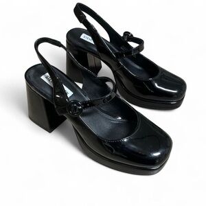 Steve Madden Teegan Glossy Black Platform Chunky Heel Mary Janes